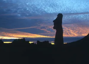 EASTER ISLAND - One of the upright giant statues near the ancient volcanic quarry