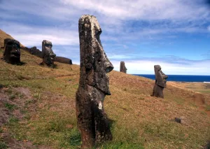 EASTER ISLAND - One of the upright giant statues near the ancient volcanic quarry