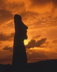 EASTER ISLAND - One of the upright giant statues near the ancient volcanic quarry