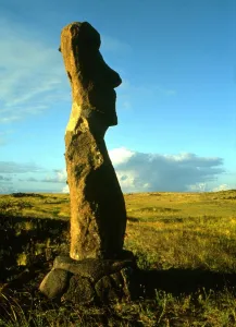 EASTER ISLAND - One of the upright giant statues near the ancient volcanic quarry