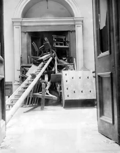 Easter Rising (originally captioned The Dublin rebellion) A barricade erected