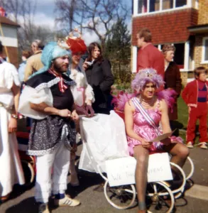 Edenbridge Pram Race in the year of the Queen's Silver Jubilee 1977 Gordon Hancock as Queen Victoria, Steve White as Queen Elizabeth I and Nigel North as Queen Elizabeth II