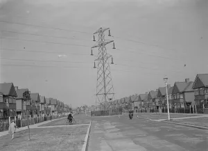 Electricity pylons crossing the road in Sidcup, Kent. 1935