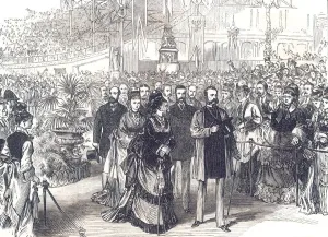 The Emperor of Russia at the Crystal Palace: The royal party passing up the nave. May 1874