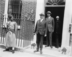 South African Prints: The Empire builders. General Smuts leaving the Imperial Conference at No 10