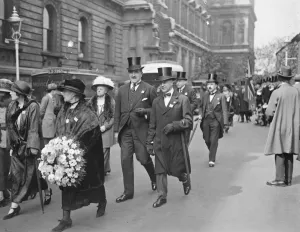 Wreaths Prints: Empire Day. Notable people in Veterans Association process to the cenotaph