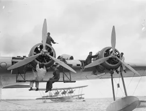 The Empire flying-boat Caledonia is being prepared at Southampton for her first