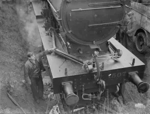 Wheel Prints: Engineers on the track at the front of the locomotive after being derailed at Swanley