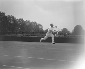 Framed Print : England versus Holland tennis match at Roehampton. R Lycett ( England ) in play Framed Print : England versus Holland tennis match at Roehampton. R Lycett ( England ) in play
