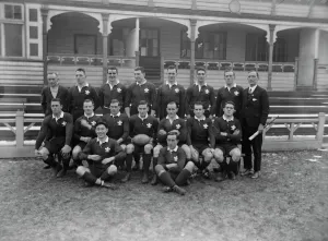 England versus Wales in Rugby match at Cardiff. The Welsh team. Back row left to right