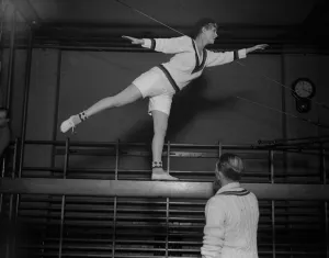 Englands popular young film star at the Mayfair Gymnasium. Miss Flora le Breton