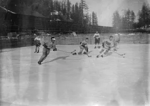 English hockey team in action at St Moritz. The Sussex hockey club met the St Moritz