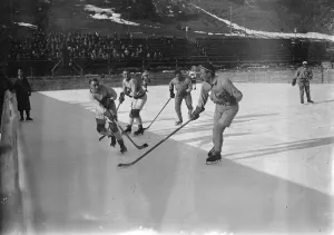 English hockey team in action at St Moritz. The Sussex hockey club met the St Moritz