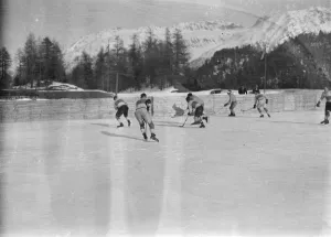 English hockey team in action at St Moritz. The Sussex hockey club met the St Moritz