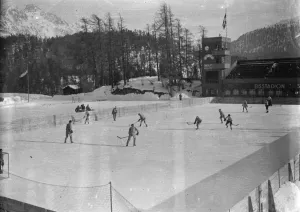 English hockey team in action at St Moritz. The Sussex hockey club met the St Moritz