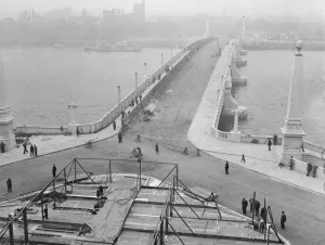 Vauxhall And Lambeth Prints: Erecting stands and Royal Enclosure for new Lambeth Bridge opening by King
