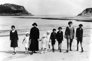Beach Prints: The Ex-Empress of Austria taking her children for a walk on the sands at the Villa Lequeitio