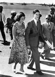 Fifties Prints: Ex King Simeon of Bulgaria and his sister Maria Luisa on their arrival in Rome to