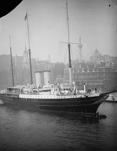 Funnels Prints: Ex - Royal yacht Alexandra in the Thames. The new Prins Olav coming to her moorings