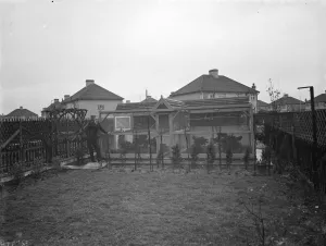 Bird Prints: The exterior of Mr R G Halls bird aviary at Bexleyheath with him in his back garden