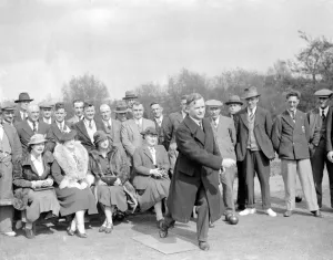 Outdoors Prints: Eynsford Bowls. Sir Oliver Hort Dyke bowling. 1938