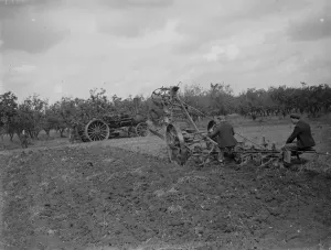 A farmer uses a steam engine to plough a field. 1935