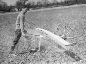 Farmer using a Coopers Drymac seed barrow. 1937