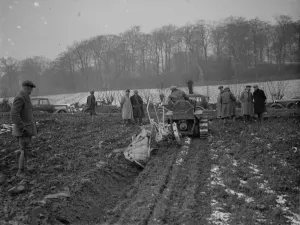 Demonstrations Demos Prints: Farmers watch a ploughing demonstration with the new Melotte tractor