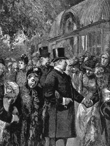England Prints: Not Her Favourite Premier Queen Victora reservedly offering her hand to Mr Gladstone