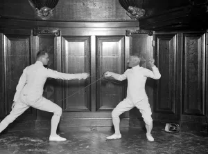 Fencing display at the Aeolian Hall arranged by Professor Felix Grave. Professor Bourdon