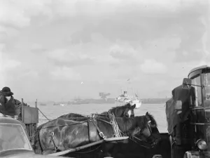 A ferry at Woolwich, London, carrying traffic. 1937