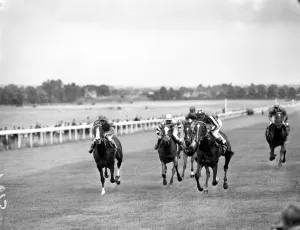 Fifties Prints: The finish of the Rose Stakes at Sandown Park today. First is FAir Set, withs Clayton up