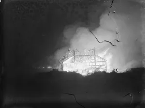 A fire blazing at the tannery in Dartford, Kent. 3 October 1939