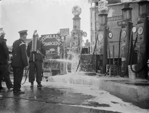 The fire brigade dealing with a fire at the garage on Halfway Street, Sidcup, Kent