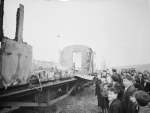 Smoke Prints: Firemen dealing with a fire on a train at Swanley, Kent. 1938