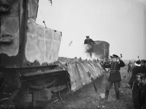 Firemen dealing with a fire on a train at Swanley, Kent. 1938