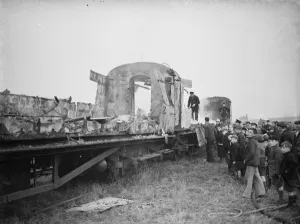 Firemen dealing with a fire on a train at Swanley, Kent. 1938