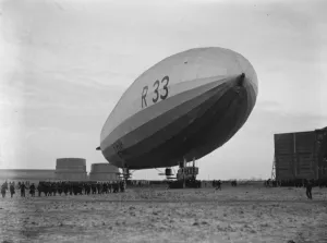 First flight of a British airship for over three years. R33 leaves Cardington Aerodrome