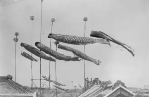 Japanese Prints: Flying the Carp In Yokohama Japan Curious custom on boys annual festival day