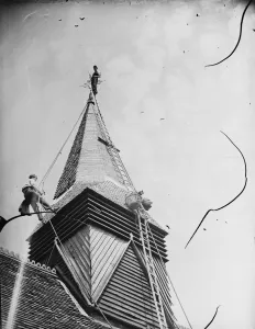 Climbing Prints: Footscray Church steeple being re - shingled. 1939