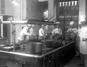 The Forum Club, 6 Grosvenor Place, Hyde Park, London. The kitchens. 5 October 1920