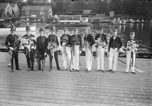 Fourth of June celebrations at Eton. Coxswains in their picturesque uniforms ready