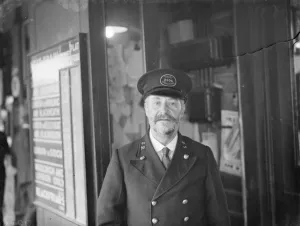 Framed Print : Fred Needham a ticket collector in Dartford, Kent. 1938