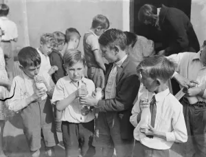 Bottles Prints: Free milk for children on holiday in Crayford, Kent. The boys are all supplied