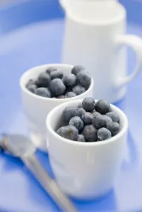 Blue Prints: Fresh blueberries in little white pots with jug of milk or cream credit: Marie-Louise