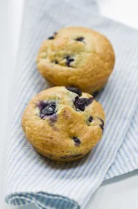 Freshly baked blueberry muffin on blue striped napkin. credit: Marie-Louise Avery