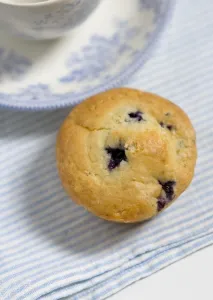 Sweet Prints: Freshly baked blueberry muffin on blue striped napkin with blue and white china credit