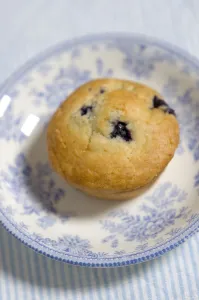Freshly baked blueberry muffin on blue striped napkin with blue and white china credit