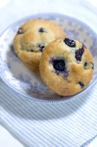 Freshly baked blueberry muffin on blue striped napkin with blue and white china credit