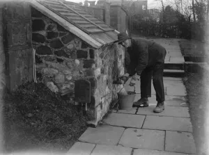 Garden Prints: A gardener using an electric powered water pump. Weald, Kent. 1935